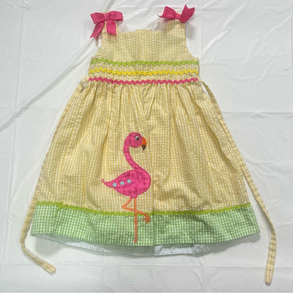 Rare Editions Yellow Seersucker Dress with Pink Flamingo and Green Accents - 3T